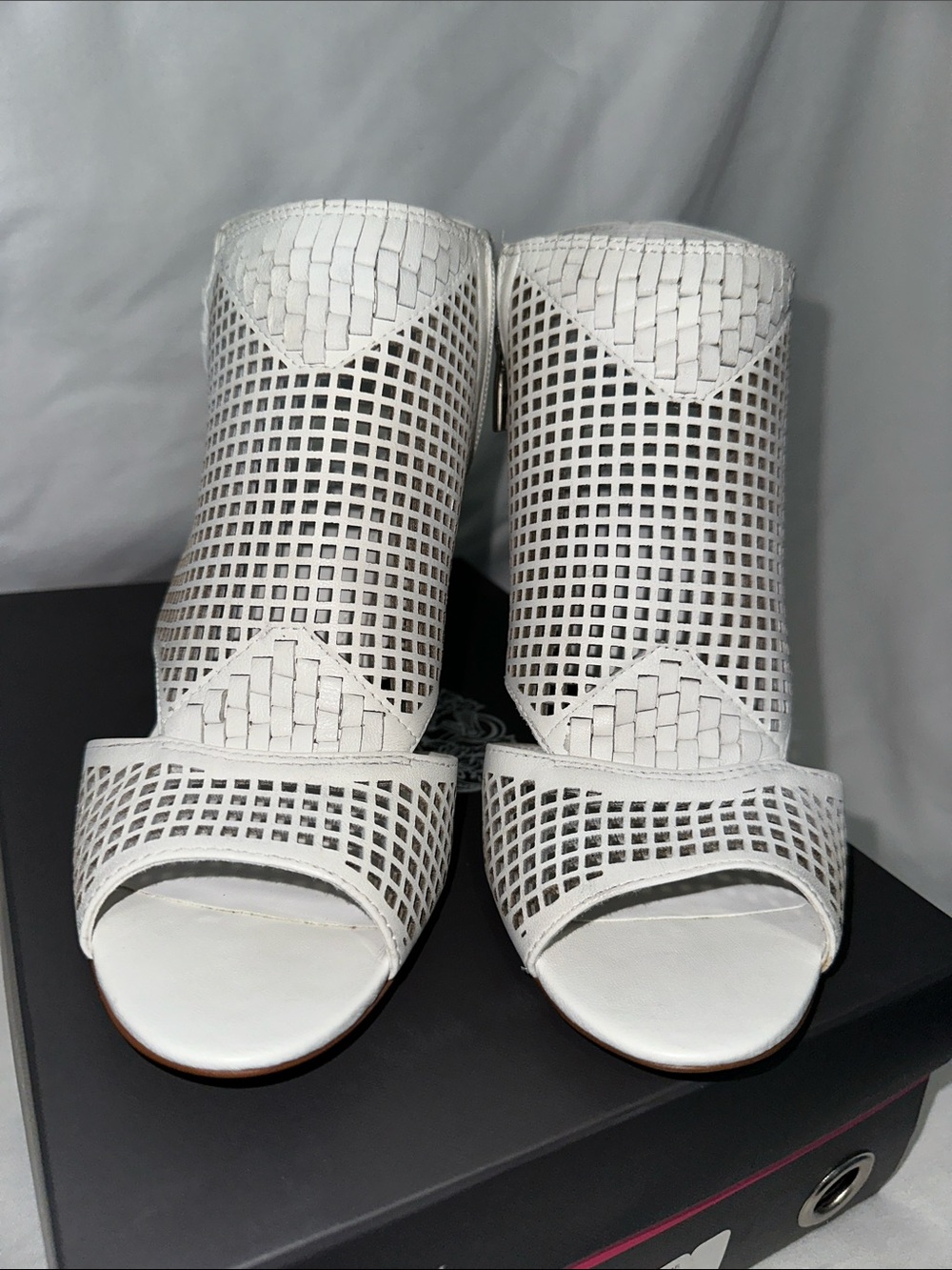 Vince Camuto White Woven Peep-Toe Sandal Bootie